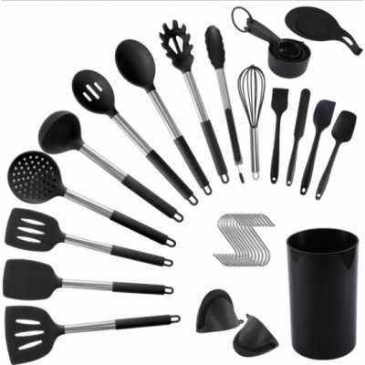 Kitchen Tools-kitchen Accessories With Storage Bucket-silicone Cooking Utensils With Natural Stainless Steel Handles